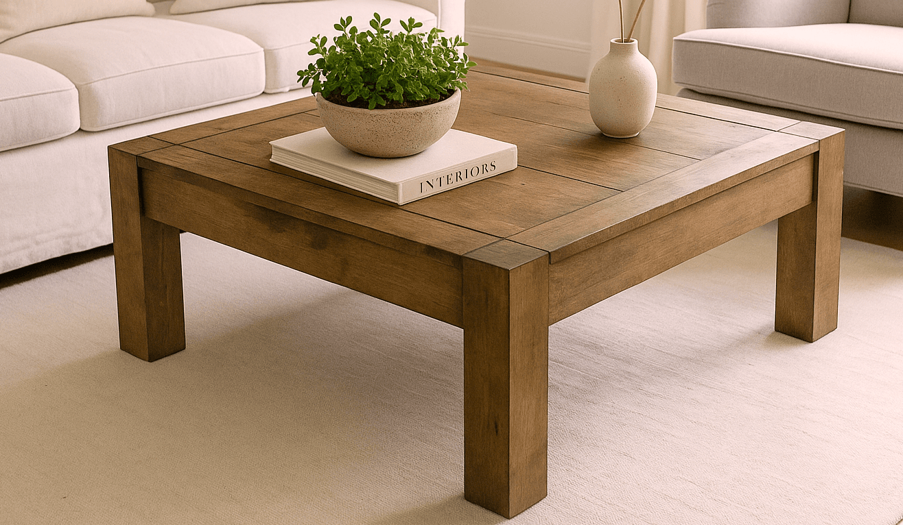 Square Parsons-style coffee table with a breadboard-framed inset top