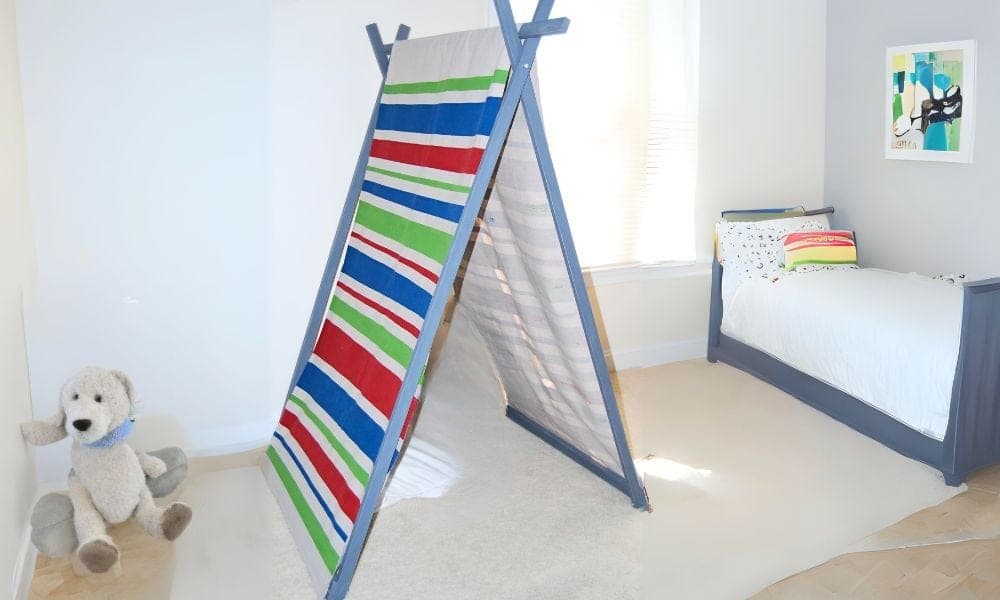 A-frame kids' play tent and reading nook with curtain walls