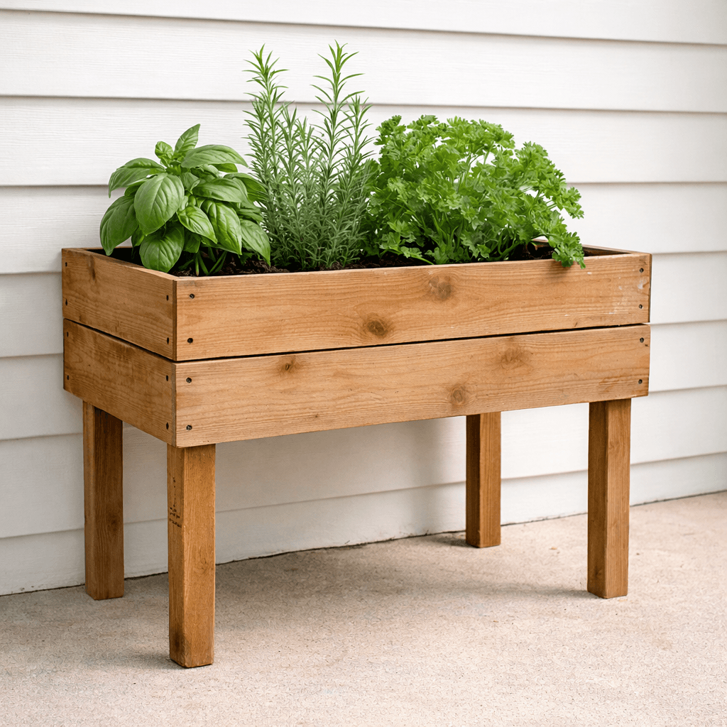 Waist-height cedar planter box on 2x2 legs filled with plants