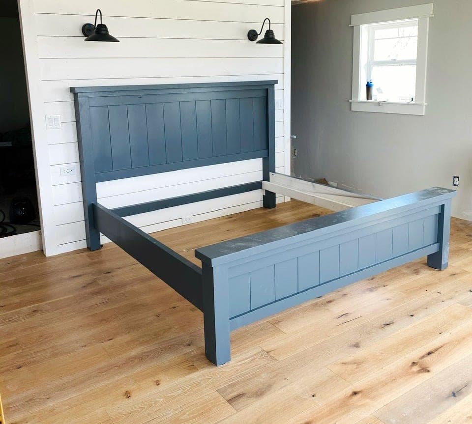 King size farmhouse bed with planked headboard and footboard