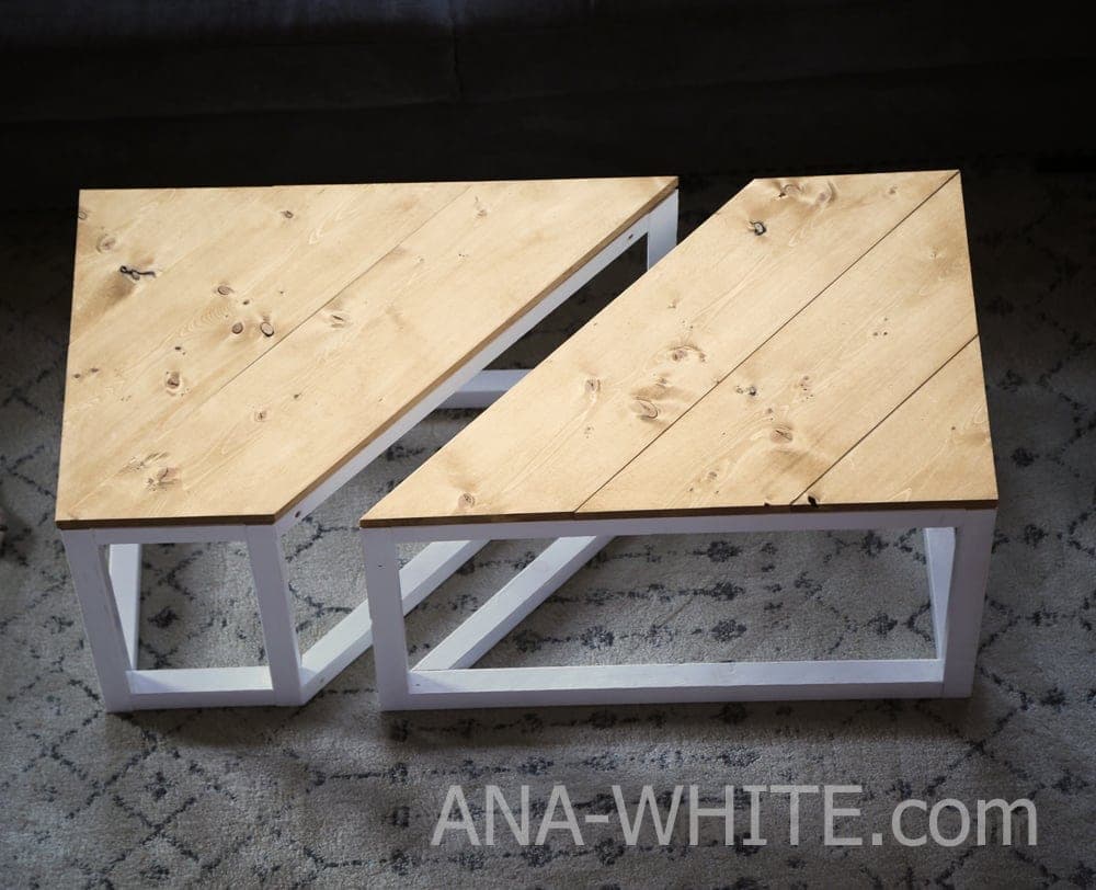Split industrial-style coffee table with mitered top seam