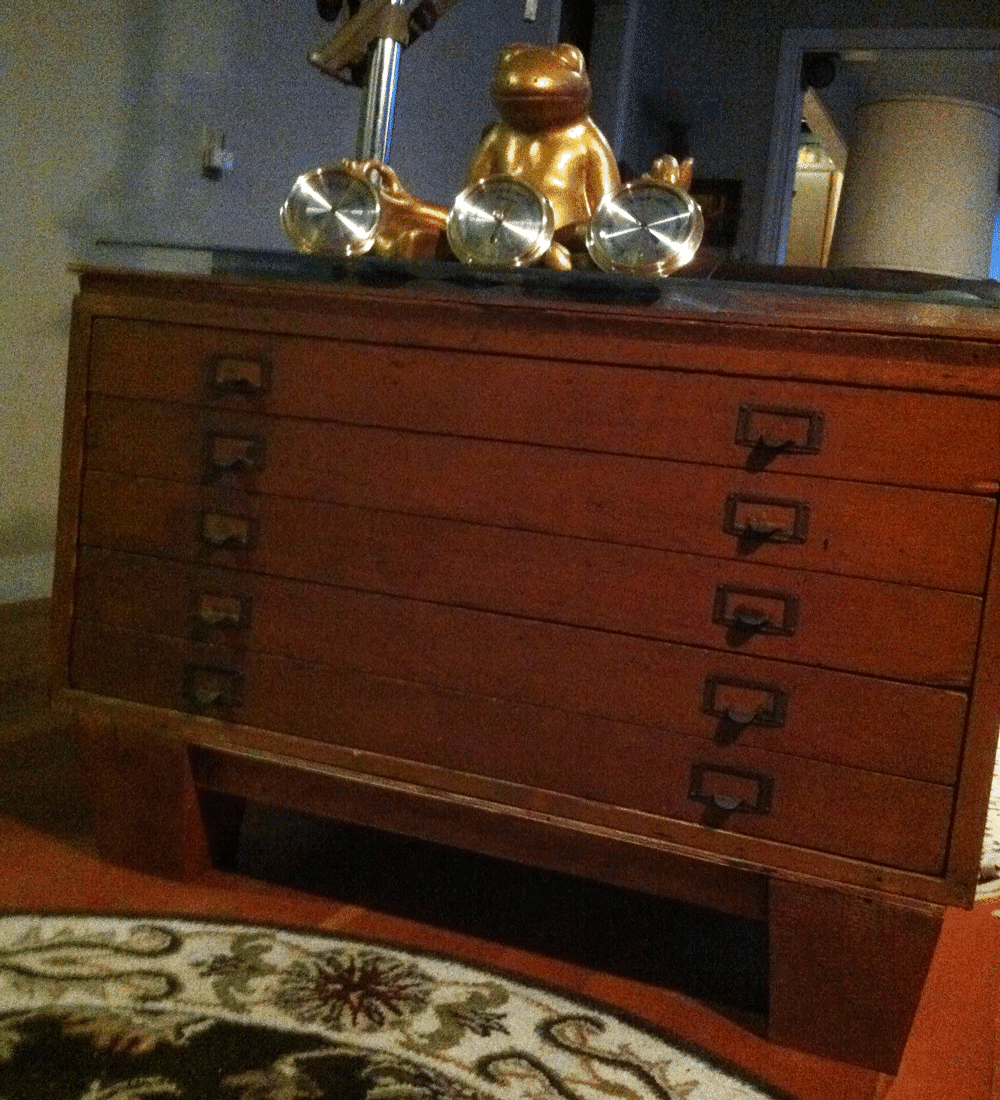 Five-drawer map cabinet with a safety glass top