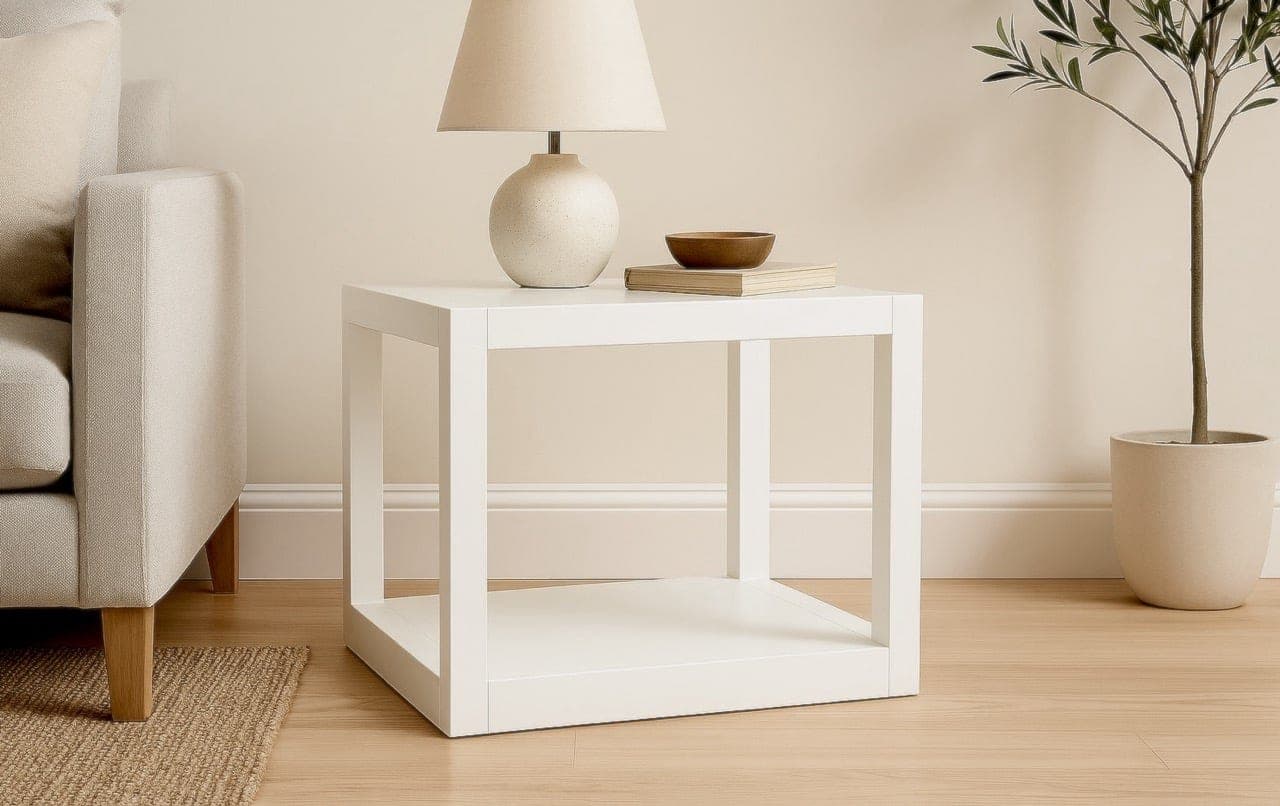 Parsons square end table with two open shelves