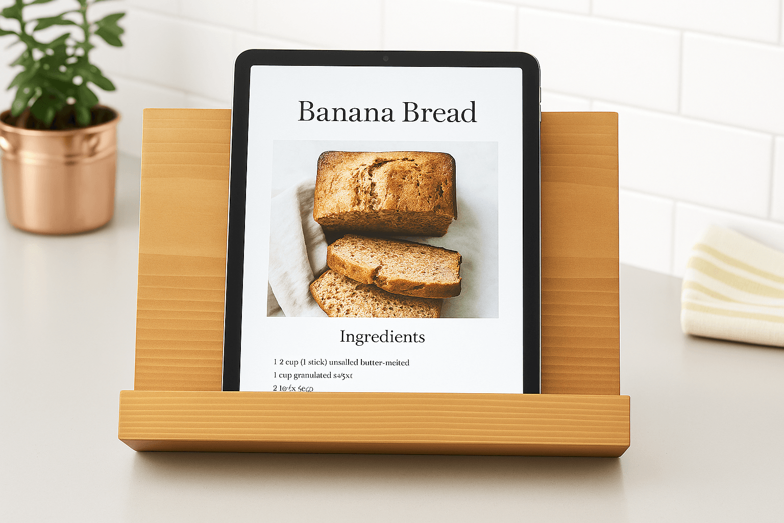 Small angled wooden stand for a tablet or cookbook
