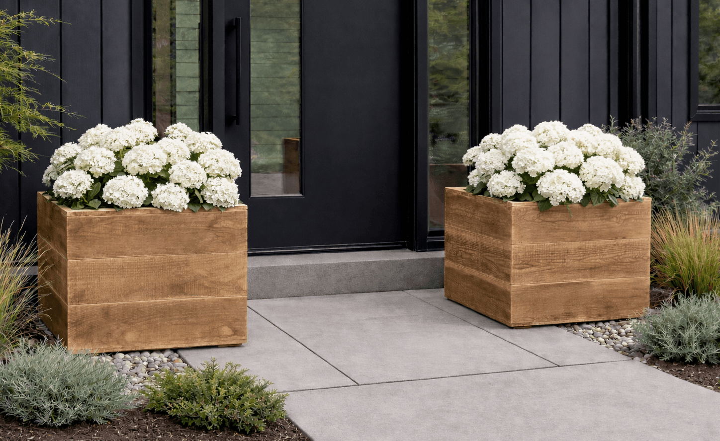 Modern cedar planters with wrapped mitered corners in several sizes