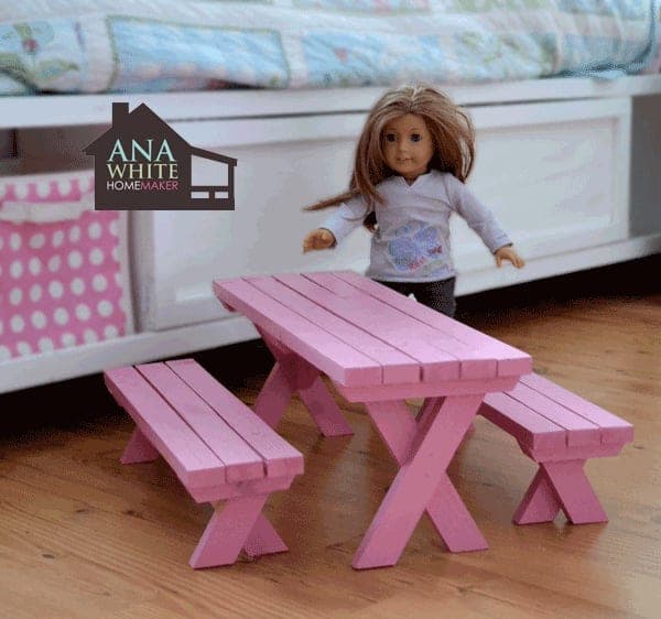Doll-scale X-leg picnic table with two benches
