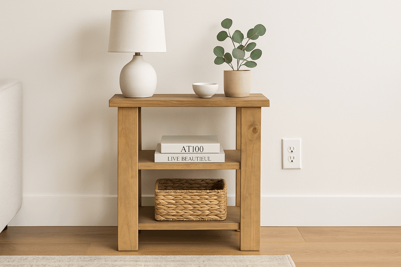 Narrow wooden side table with two shelves beside a sofa