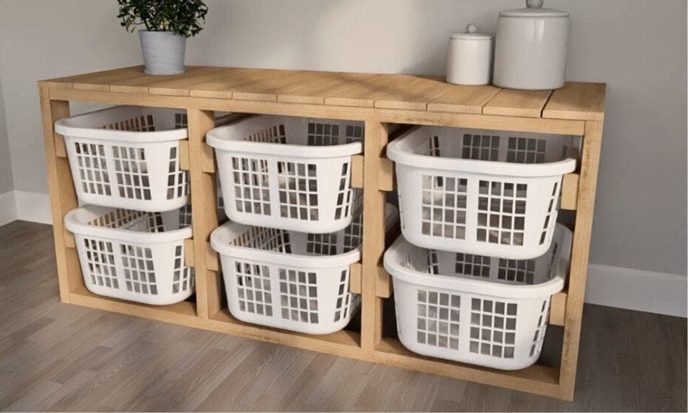 Wood stand holding three laundry baskets side by side under a planked top