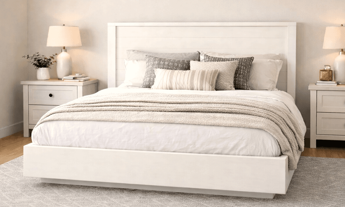 Queen bed frame with a recessed toekick base for a floating appearance