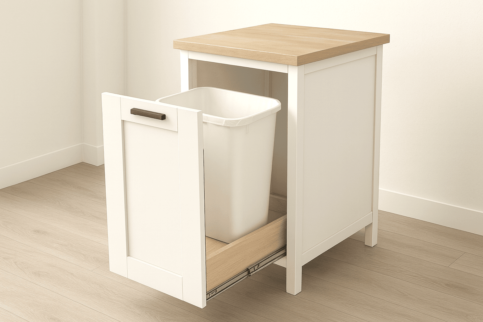 Small kitchen island with a slide-out drawer holding two trash bins