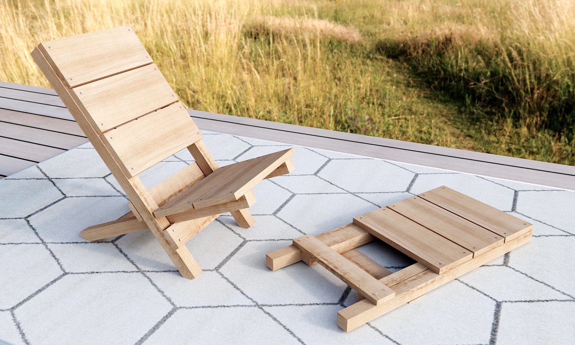 Two-piece wooden beach chair with cedar slats, disassembled into flat seat and back sections