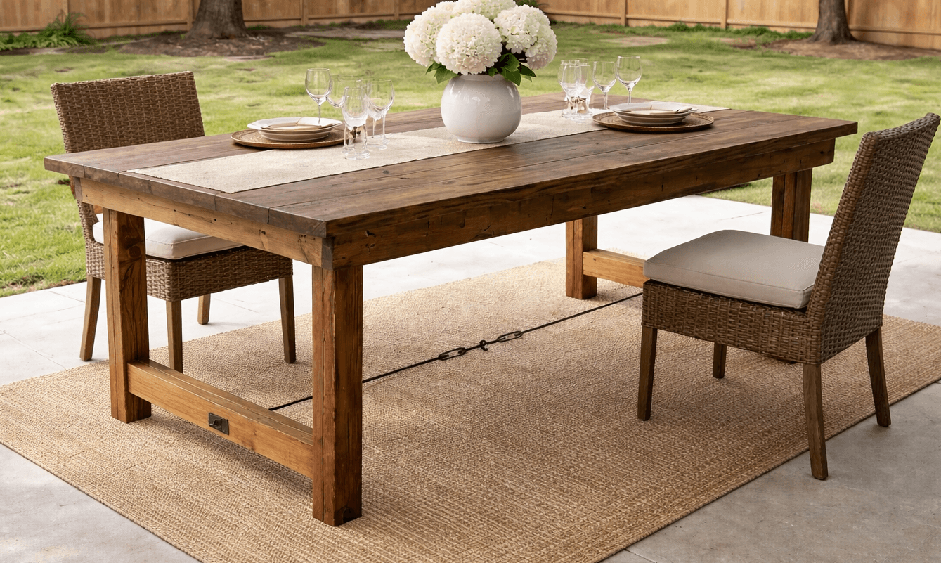 Farmhouse-style dining table with doubled 2x4 legs and a wide plank top