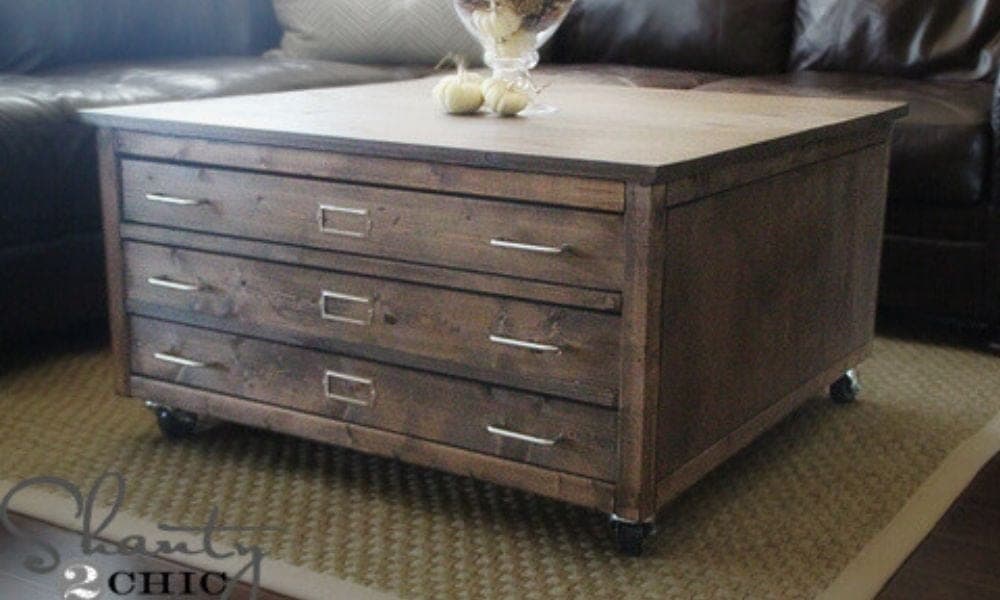 Square six-drawer rolling coffee table with library-style drawer front grid