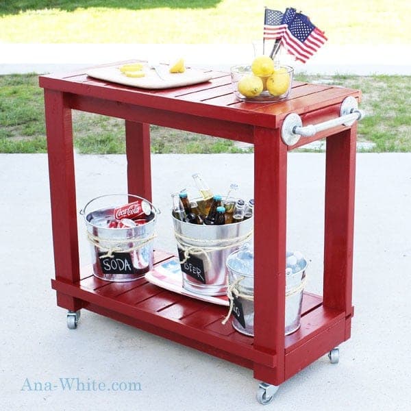 Simple rolling bar cart with slatted shelves and casters