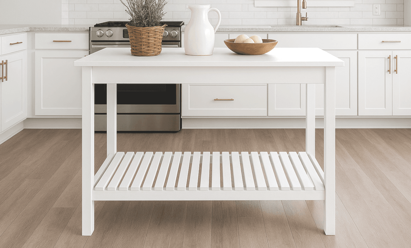 A simple kitchen island with a solid panel top, 2x2 legs, and a slatted lower shelf