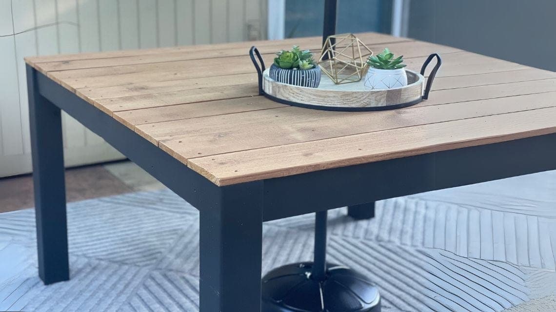 Modern outdoor square dining table with a cedar picket top