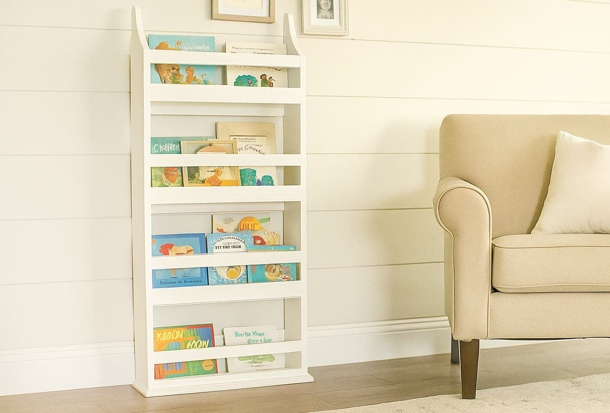 Simple wall-mounted bookshelf with a shaped top and arched front rails