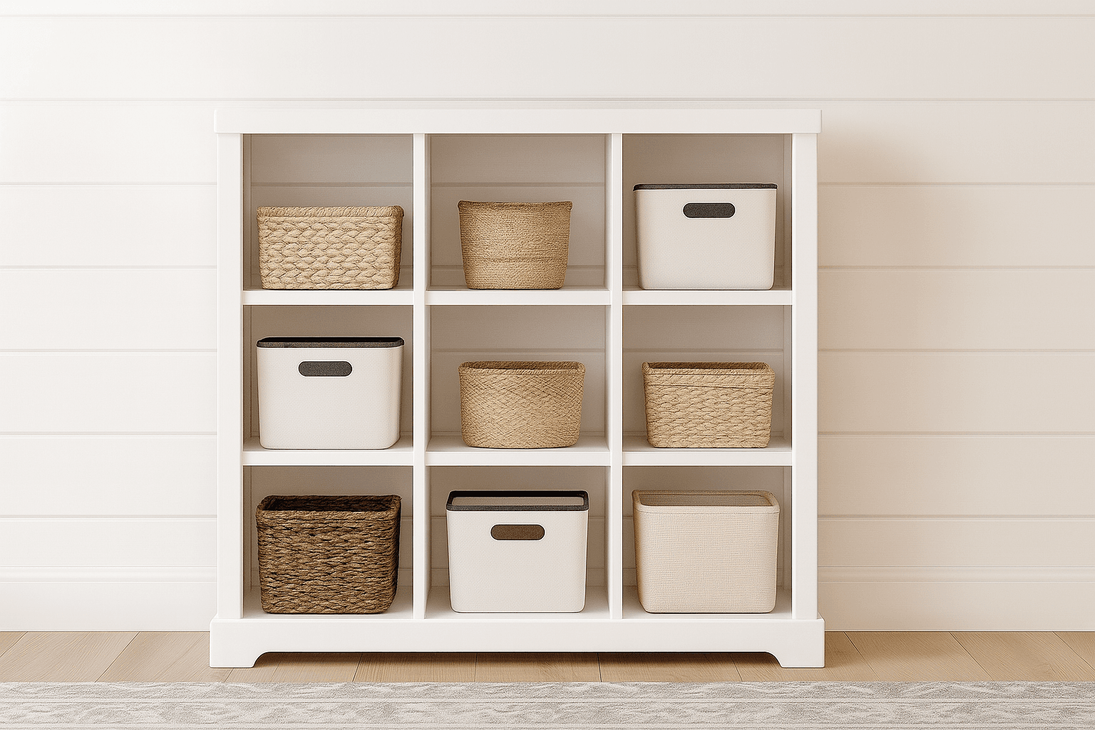 Face-framed 9-cubby bookshelf with front and back trim frames