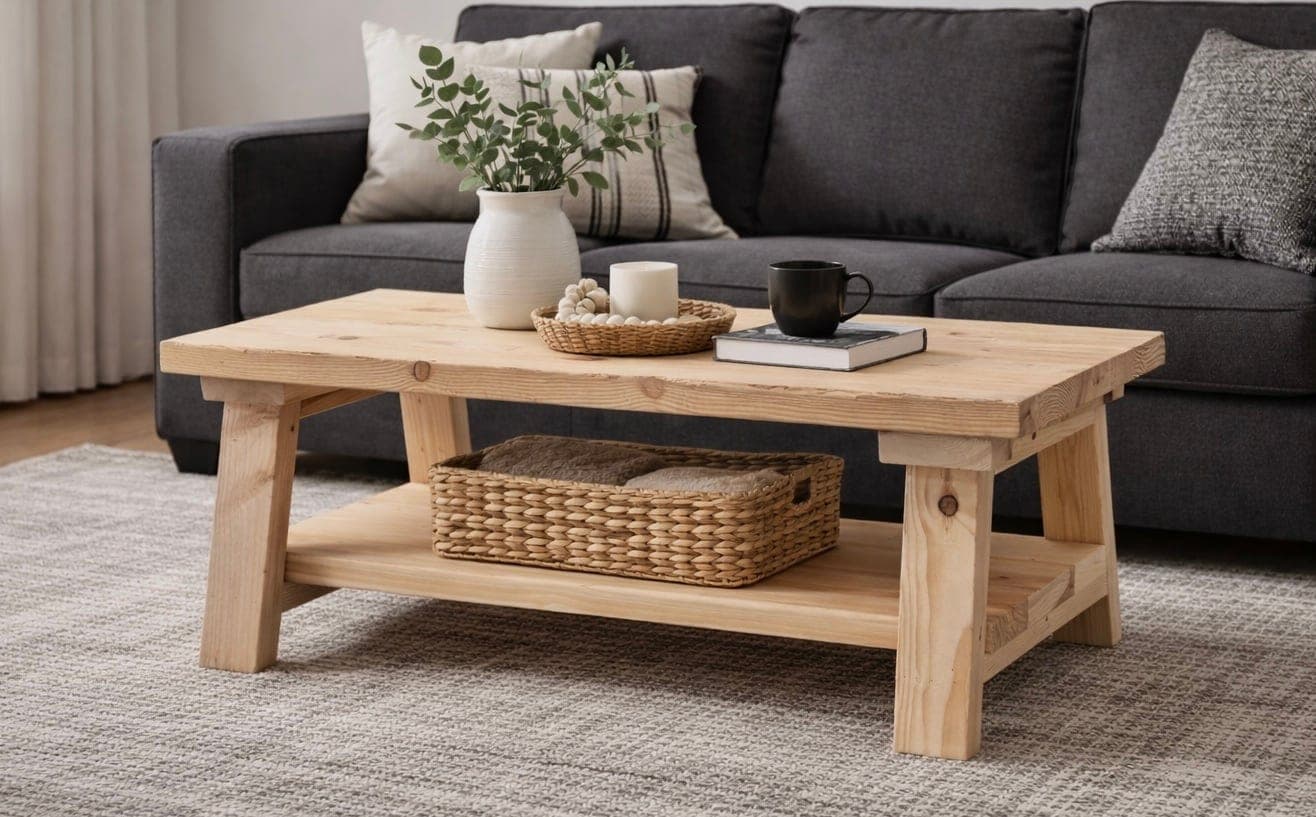 Farmhouse coffee table with splayed trestle legs, thick wood top, and bottom shelf
