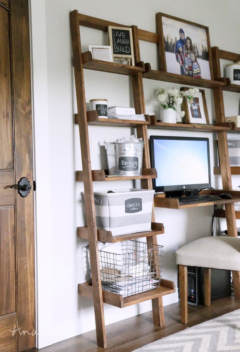 Leaning ladder-style wall bookshelf with graduated shelf widths
