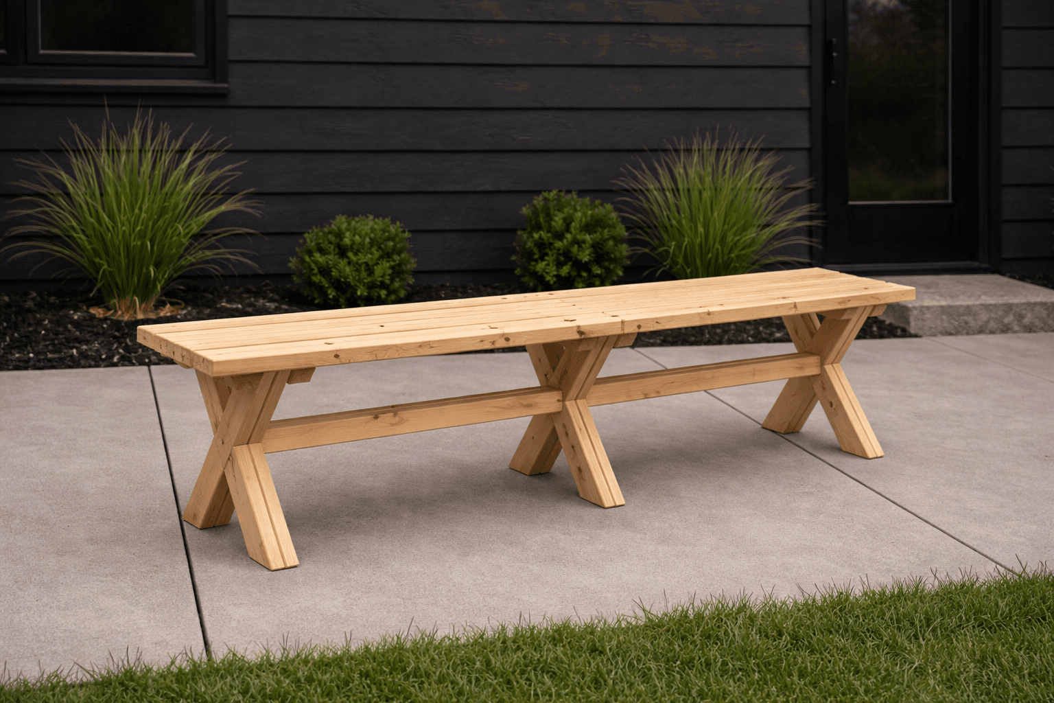 Backless outdoor bench with X-shaped legs