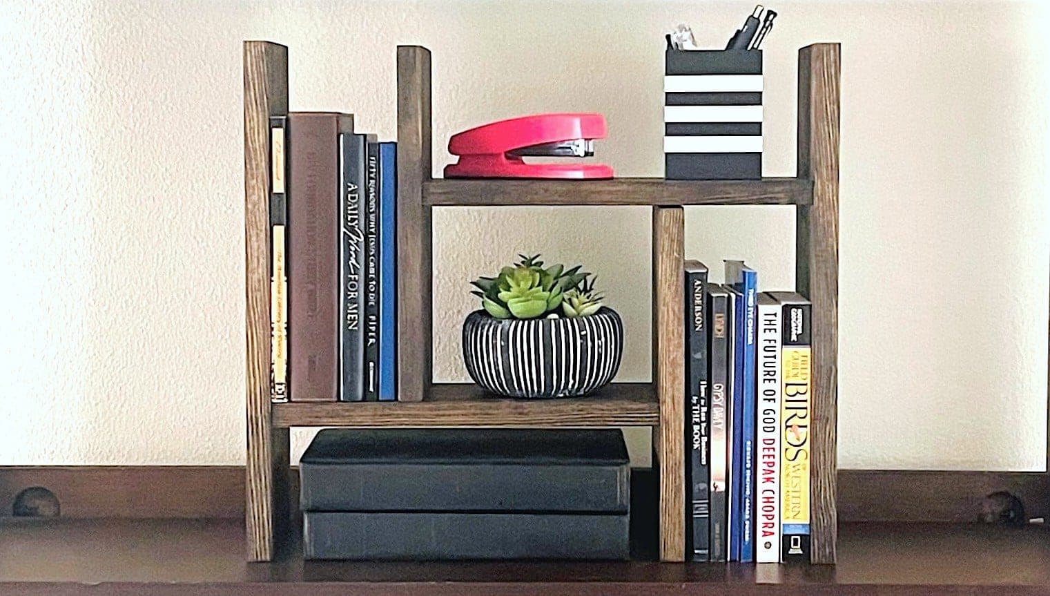 Simple adjustable wooden desktop organizer, two A-frame shelf pieces