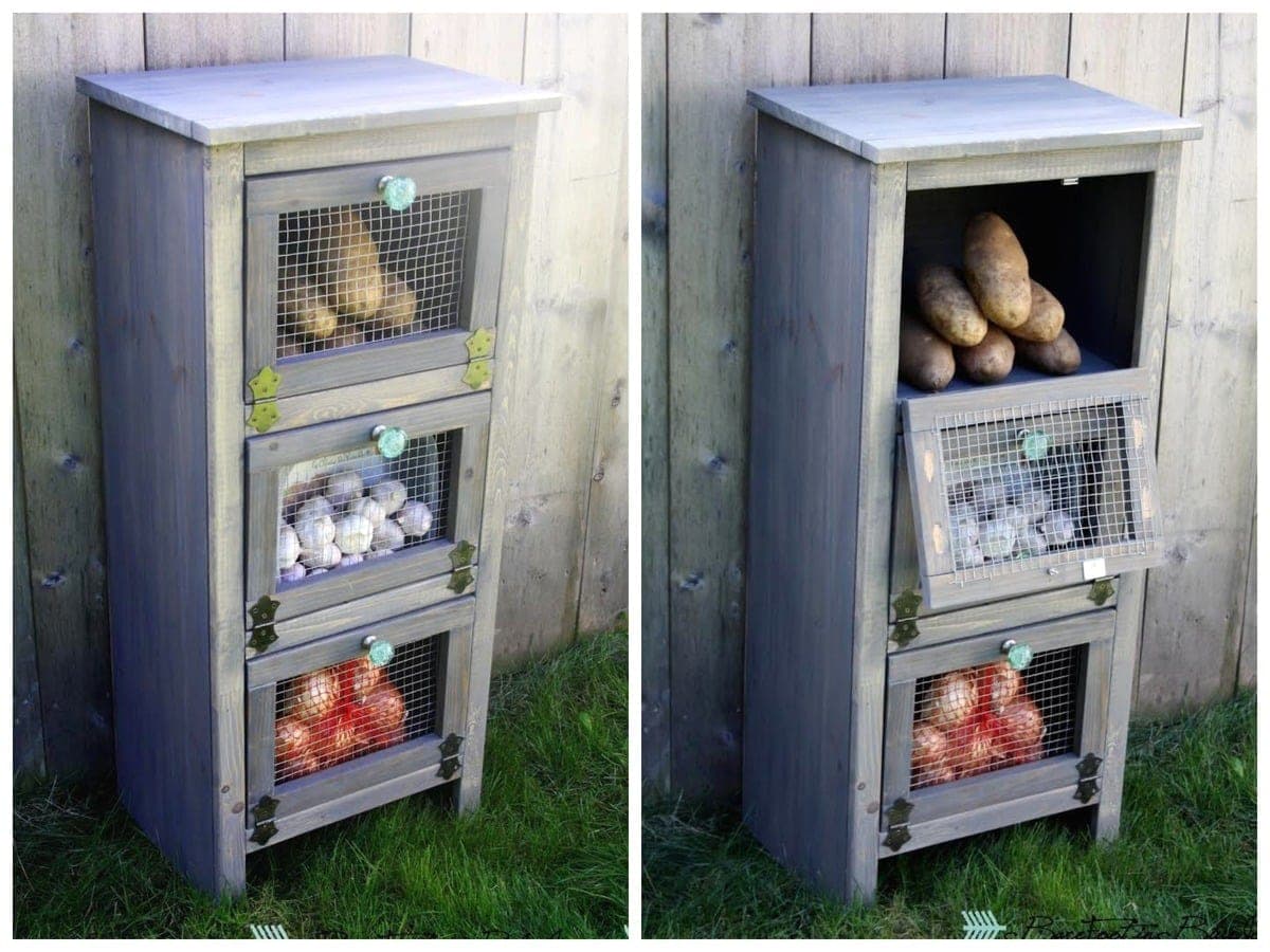 A wood cupboard with three chicken-wire-front doors for produce storage
