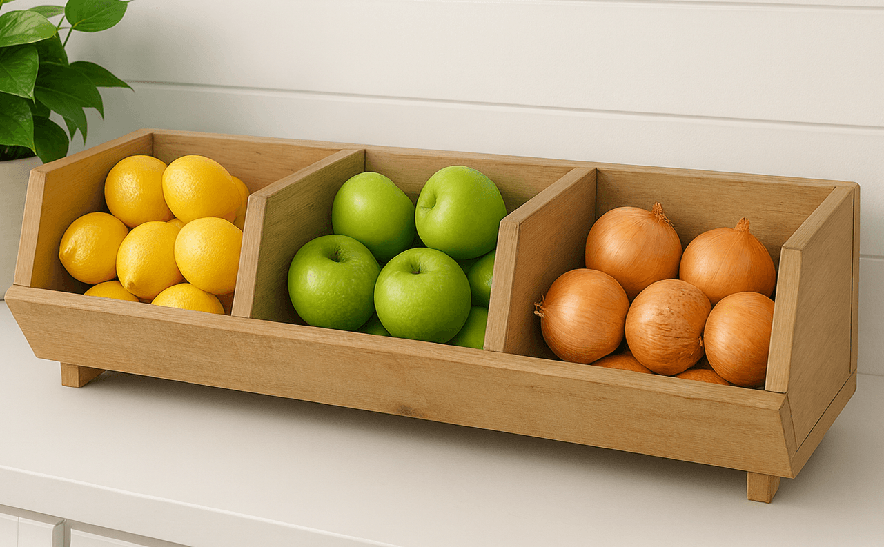 A small angled-slat countertop bin for storing potatoes or onions