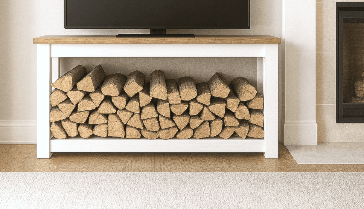 Firewood holder console table with a plywood-lined tray