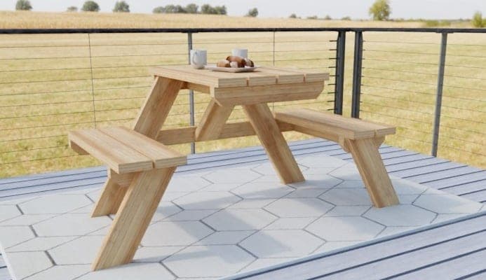 Small two-person picnic table with facing seats built from 2x6 lumber