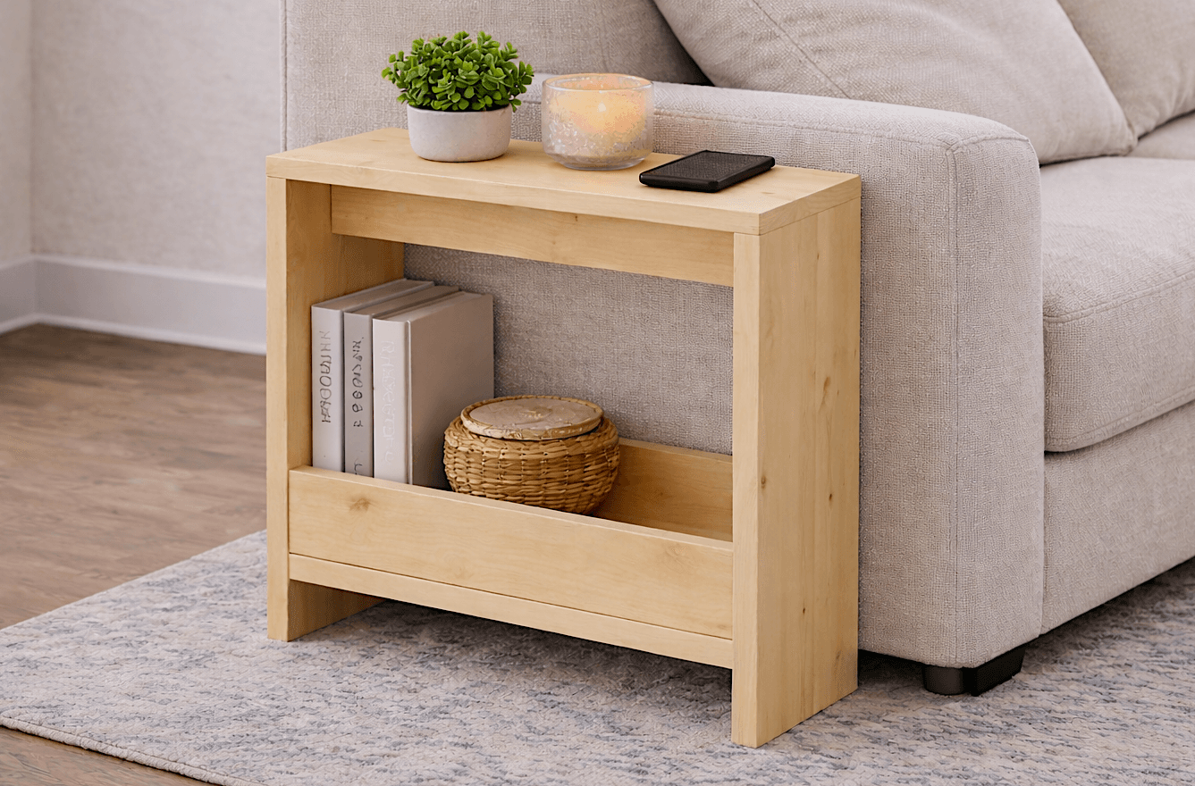 Slim waterfall-style wooden side table beside a sofa arm