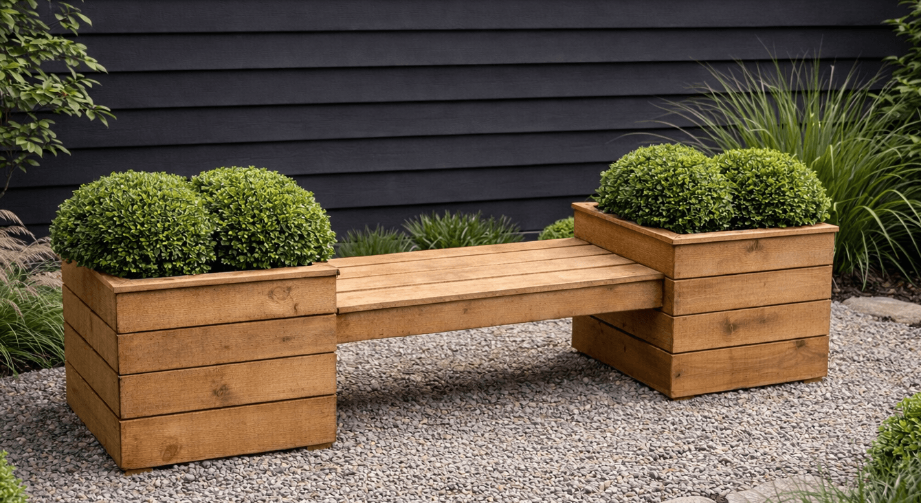 Garden bench spanning between two tall cedar planter boxes