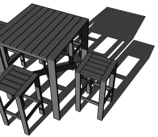 Outdoor bar-height table with a slat top and an X-shaped cross brace