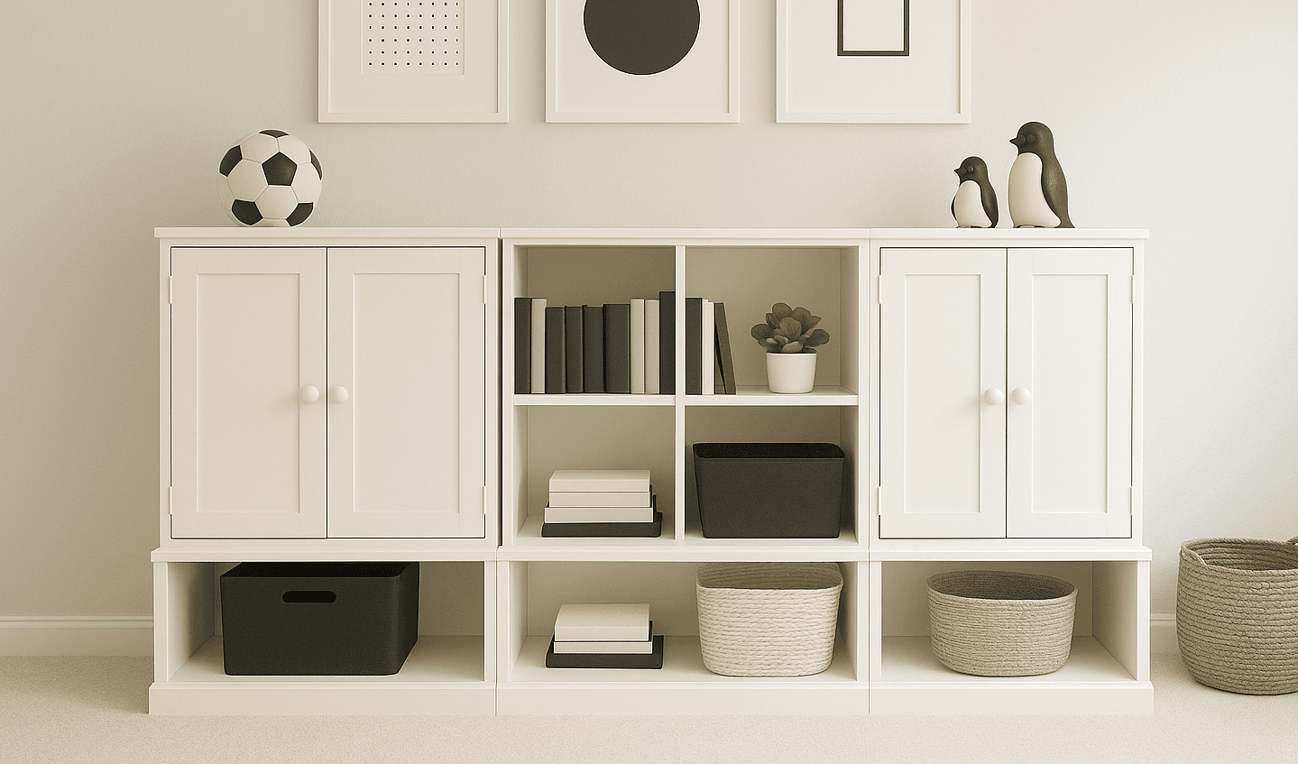 A small open-front cubby hutch with a center divider for a modular playroom storage wall