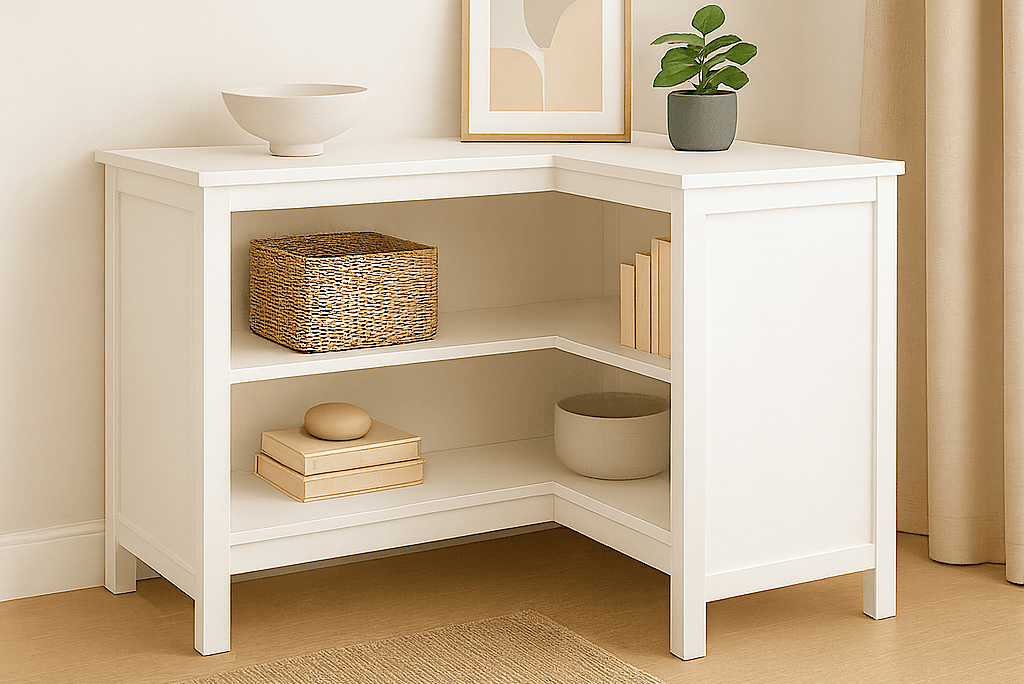 Modular bookshelf wrapping around a room corner