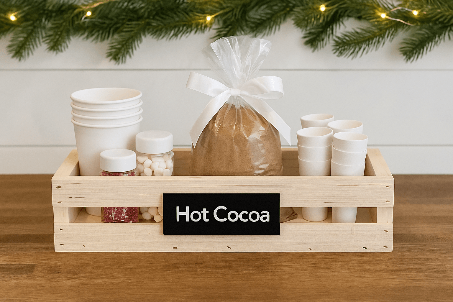 Small slatted wooden gift crate filled with hot cocoa supplies