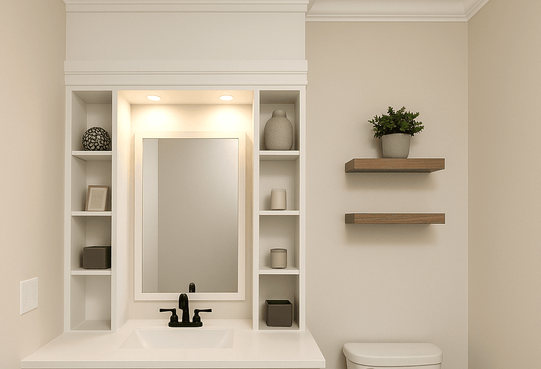 Bathroom vanity hutch with two towers bridging recessed lighting over the sink