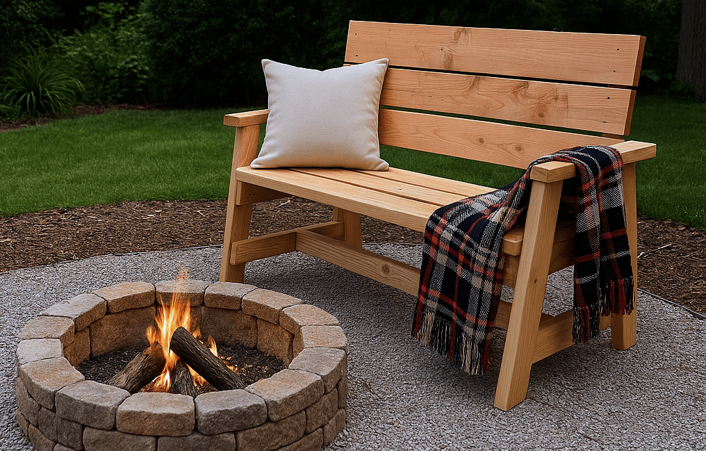 Four-foot wooden firepit bench with reclined slat back and armrests