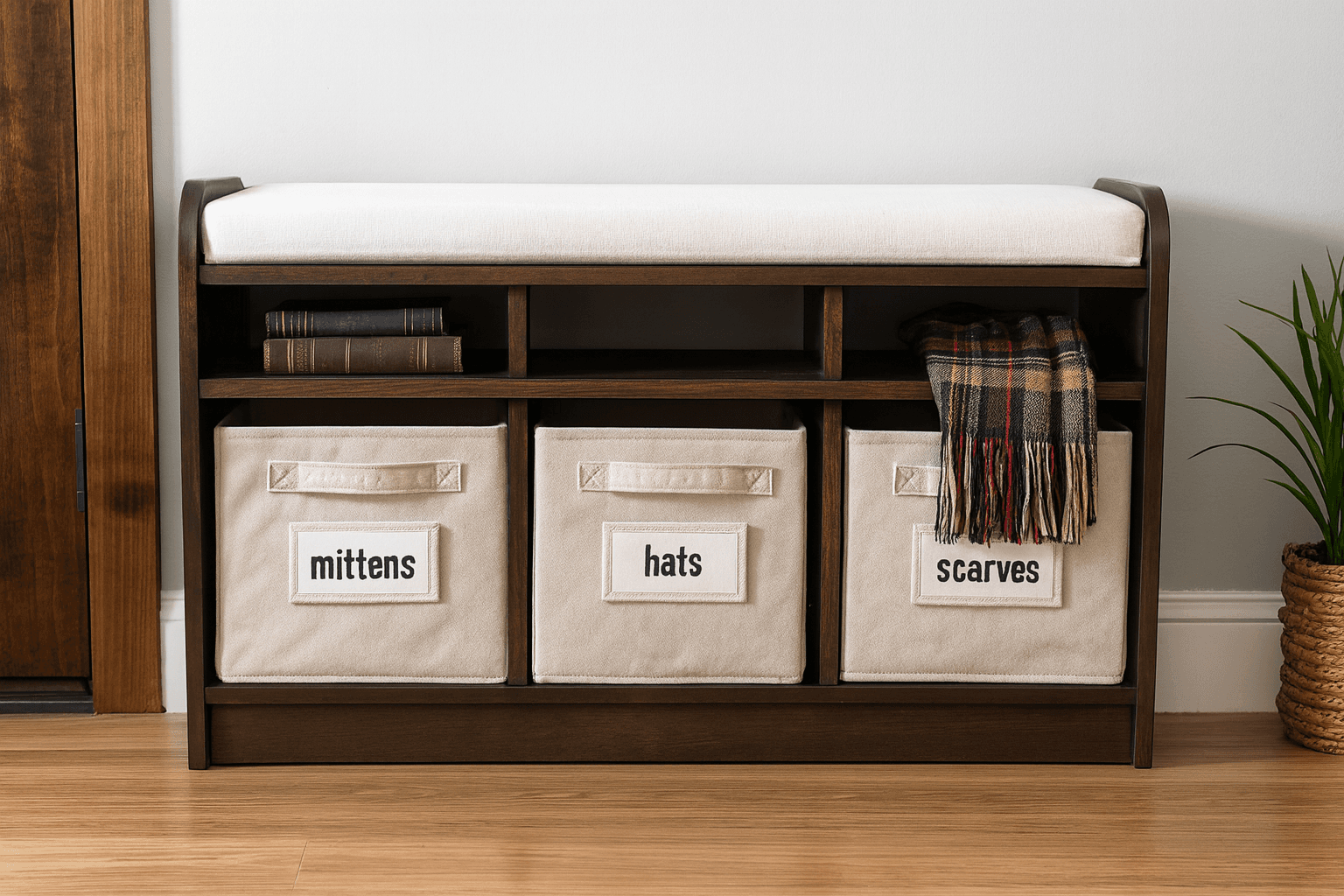 Small three-cubby entryway bench with fabric bins