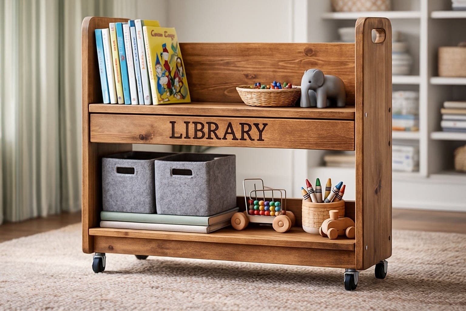 Rolling wooden library book cart with a cut-out carry handle
