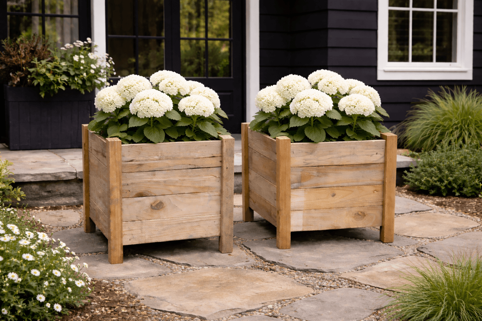 A square wood planter box on 2x2 legs with a slatted bottom