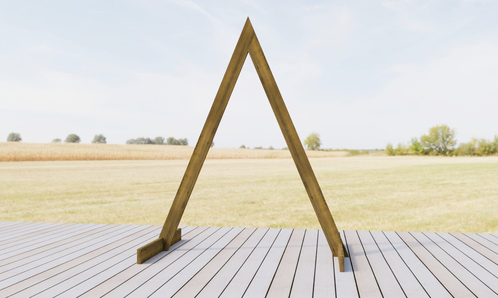 Triangular wooden wedding ceremony arch with a lapped peak joint