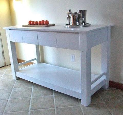 Farmhouse kitchen island with two drawers and an open bottom shelf
