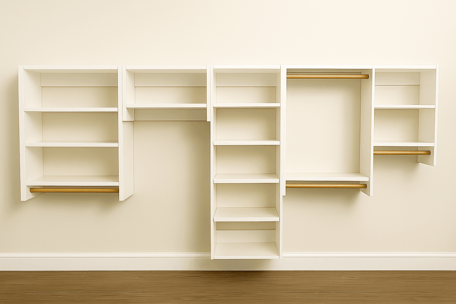 Wall-hung modular closet components with shelves and hanging rods