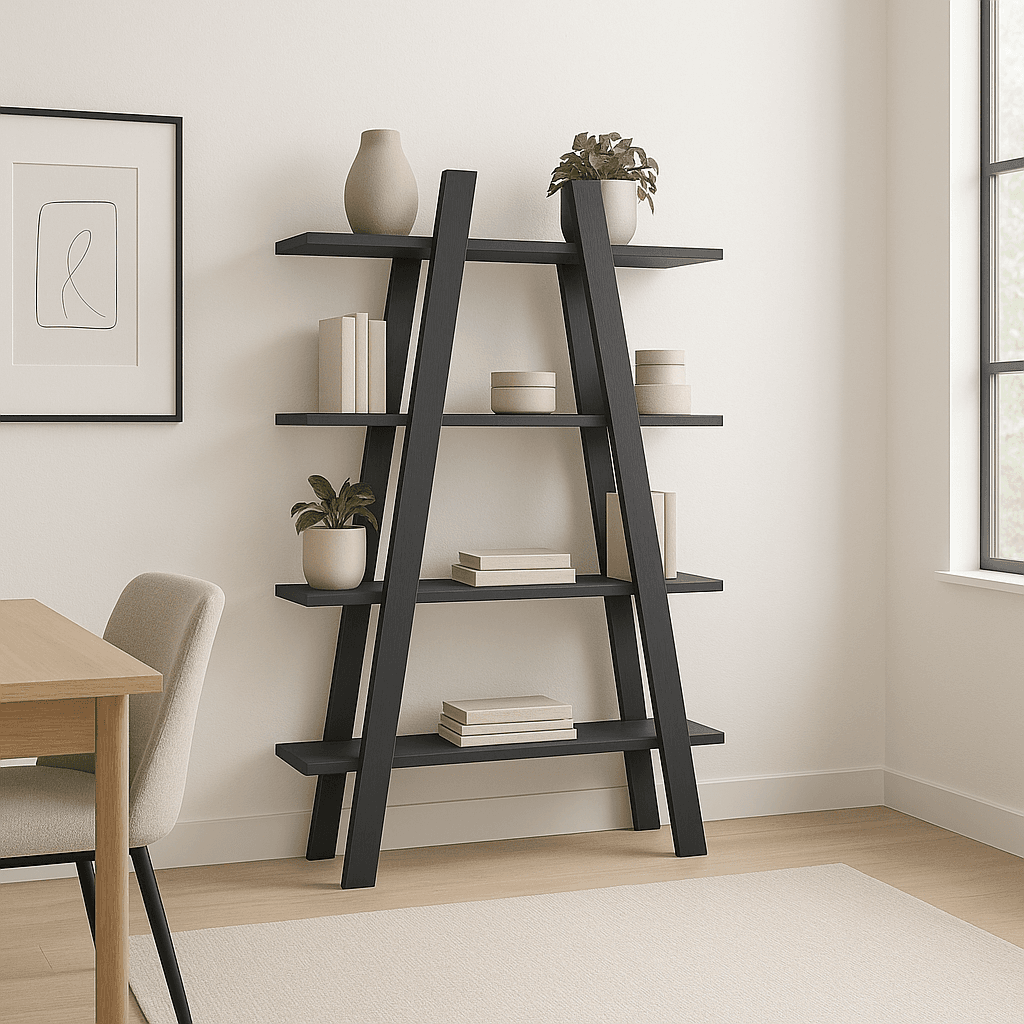 Modern A-frame truss-style bookshelf with 2x4 legs canted outward