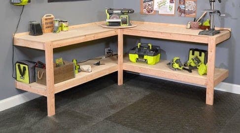 L-shaped corner garage workbench with rotating bench-tool lazy susan